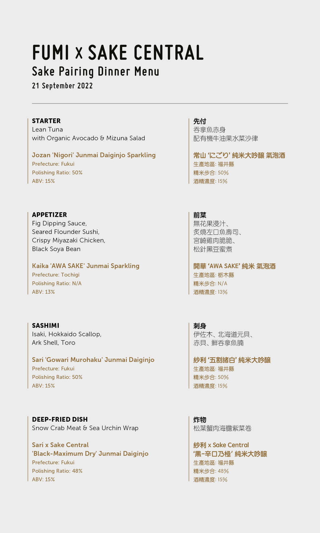 FUMI X Sake Central Pairing Dinner